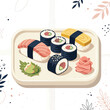 © Jem - Variety of sushi rolls on plate.