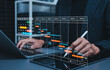 © Supatman - Project schedule planning and Gantt chart management concept. Businessman using tablet, calendar timeline, task checklist, weekly milestones, workflow tracking, deadline control, and productivity