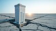 © Enjoy - Small office building icon emerging from cracked dry ground with sunrise in background, symbolizing resilience and new beginnings