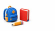 © Angs - 3D clay illustration of school supplies. Blue backpack, red book, and yellow pencil on white background. Back to school education concept. Copy space for text