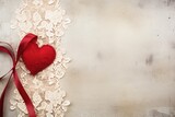 Red fabric heart resting on delicate lace with a flowing red ribbon