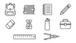 © Shafiq - School Supply Icons: A collection of clean, line-art icons representing essential school supplies, including a backpack, books, notebook, pencil, eraser, sharpener, water bottle, toolbox, ruler.