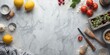 © The 2R Artificiality - Marble countertop featuring baking tools and fresh ingredients with copy space