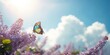 © AkuAku - Spring background showing a colorful butterfly hovering over lilac flowers against a bright blue sky with copy space