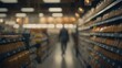 © AkuAku - Supermarket shelves background with blurred focus and warm ambiance