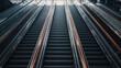 © TheWaterMeloonProjec - Row of metal escalators with wooden handrails offering up and down access in a high rise