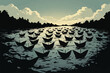 © Times Graphic - Vast fleet of paper boats floating on calm water under cloudy sky.