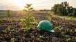 © Zulharyono - A single green hard hat rests on freshly tilled soil in a field with young trees and the sun setting in the background