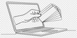 © line drawing - laptop computer with hand giving card continuous one line drawing, transparent background, one line drawing of laptop computer with  hand holding credit cards as business concept of online shopping.
