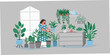 © Nirob - Woman tending potted plants in a flat vector illustration