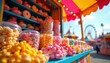 © miss irine - Sweet treats and candies fill carnival stall shelves under colorful tent canopy. Ferris wheel visible in background sky. People enjoy amusement park fun.