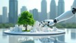 © Vadym - Robot arm builds eco friendly smart city model. Futuristic urban planning with green tree on miniature site. Automation innovation, sustainable development concept, future metropolis design.