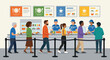 © David - Diverse people standing in a cafeteria line waiting to be served by staff at a food counter with menu boards and trays in a modern canteen setting