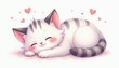 © Vadym - Cute anime kitten slepic peacefully surrounded by hearts. Fluffy white cat with grey stripes rests in watercolor style. Kawaii animal illustration conveys love, comfort. Perfect for pet lovers