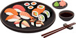 © MdTobarak - Japanese Sushi Platter Vector Element Set with Salmon Nigiri, Tuna, Shrimp, Maki Rolls, Soy Sauce, Chopsticks, Wasabi, and Ginger for Restaurant Culinary Designs