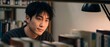 © Dinali - Asian man studying in library reading under warm desk lamp light, focused male college student researching book on shelf, looking thoughtful, intelligent person learning cozy academic atmosphere.