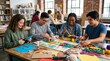 © Felippe Lopes - Diverse group of young adults engaged in a creative art project together in a bright studio classroom setting
