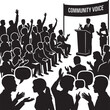 © dkzone09  - Diverse group of people attending a community voice event, with speaker at podium and engaged audience raising hands and participating in discussion.