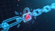 © Viktor - Digital chain link breaks with glowing padlock showing warning alert. Network vulnerability threat concept for cyber attack or system failure. Online security breach.