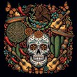 © Zayy - Vibrant sugar skull surrounded by traditional mexican cultural symbols