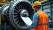 © Viktor - Man in hard hat, vest studies blueprints next to giant industrial turbine machine. Engineer checks large scale mechanical equipment inside factory power plant. Precision work on heavy metal