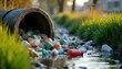 © Maryna - Plastic bottles and trash spill from large concrete pipe onto grassy bank beside dirty water stream. Urban pollution causes environmental damage. Nature suffers from human waste accumulation.