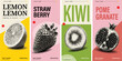 © SpiximCreation - Four Fruit Poster Set: Lemon, Strawberry, Kiwi, Pomegranate Halftone Collage, Local Farm Label on Colorful Background
