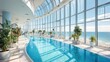 © binbon - Luxurious indoor swimming facility curves alongside expansive windows overlooking a bright ocean view