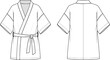 © Begum - Kimono style wrap robe front and back view cad drawing flat vector illustration with short sleeves and tie waist belt