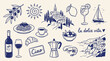 © Amirul - Collection of Italian lifestyle icons including food drinks travel and scenic views in a charming sketch style