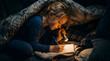 © Brata - Little girl hiding under a cozy blanket at night using a flashlight to write a heartfelt Happy Father's Day message.