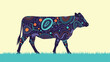 © Arabella - Stylized cow silhouette filled with intricate purple and blue patterns walking across a bright green grass field under a light yellow sky.
