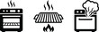 © CleanIcons - Black icons showing kitchen oven and grill with steam and fire symbols for cooking and food preparation design elements on a flat surface