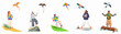 © Anna - Collection of five illustrations showing people flying colorful bird-shaped kites in various natural environments like the beach, dunes, and grassy hills.