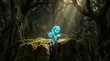 © horizon - Tiny glowing bioluminescent cyan plant emerges resiliently from deep cracks of an ancient tree stump amid mystical floating dust motes.