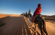 © Cavan Images - group of friends enjoying a camel ride in the Sahara