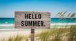 © MSTHIRAMONY - A wooden sign with the text hello summer on a sandy beach with ocean waves and tall grass