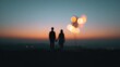 © Nelle - Silhouetted couple holding hands against vibrant twilight sky with bokeh lights