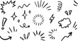 © MaxceptArt - Hand drawn crayon style attention symbols and doodle emphasis marks collection with sparkle bursts, comic rays, manga starburst shapes, sketch highlight signs and vector illustration elements eps