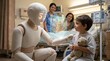 © Say - Gentle humanoid healthcare robot kneeling by a young child in a hospital bed with medical staff