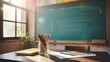 © Zeeshan - Bright classroom desk with school supplies and chalkboard in sunlight