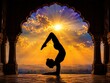 © IkmotIQ - Yoga silhouette in scorpion pose at sunrise, spiritual meditation in ancient temple archway, wellness and mindfulness practice during golden hour