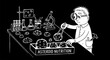 © Polia - Cartoon Scientist Studying Asteroid Nutrition in Laboratory Setup.