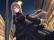 © 炎天下 - 女性　薄い茶髪　ロングヘアー　黒のゴシック調の服　長袖　ロングスカート　笑顔　見下ろしている　夜　街灯の灯り