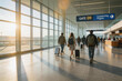 © YiXiong - Passengers walking with luggage in airport terminal hallway near gate during sunset