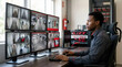 © OlgaNeuroArt - Male security guard monitoring surveillance screens in control room. Black officer checking cctv camera feeds on multiple monitors. Safety and protection concept