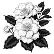 © ehsanollah - Very beautiful black-and-white engraved vector illustration featuring blooming Gardenia flowers surrounded by glossy leaves, elegant botanical textures, intricate floral details, and refined monochrom