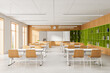 © ImageFlow - Modern spacious classroom interior design with wooden desks, green shelving, wide windows and bright organized educational layout in clean modern style. 3D Rendering