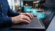 © 7IMJAGO - Developer typing on laptop with glowing search, settings and alert icons for software testing and cybersecurity QA