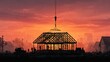 © Kakung - Silhouette of a house under construction at sunset with orange sky